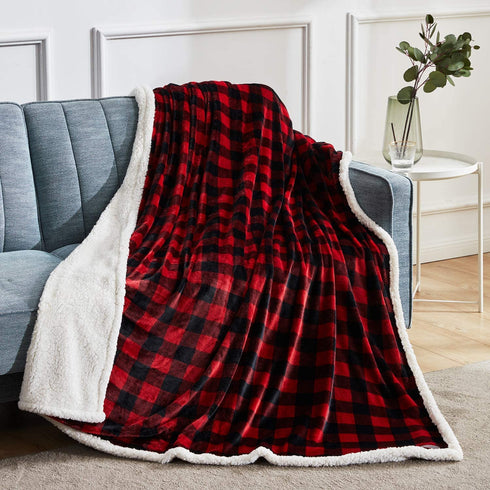BEAUTEX Sherpa Fleece Throw Blanket, Super Soft Warm Buffalo Plaid Plush Blankets and Throws, Lightweight Cozy Fuzzy Blanket for Couch Sofa Bed (Red, Throw 50" x 60" )