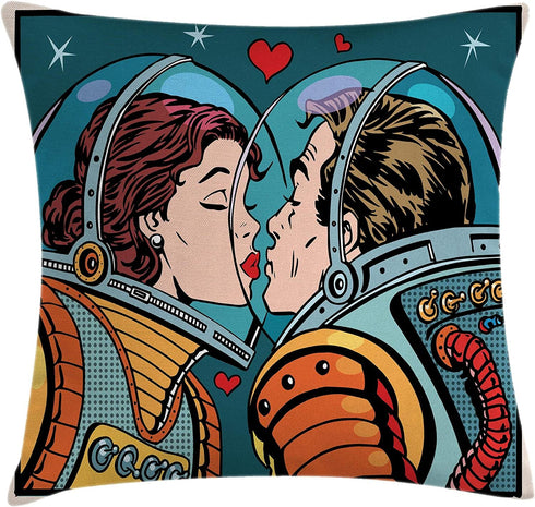 Ambesonne Love Throw Pillow Cushion Cover, Space Man and Woman Astronauts Kissing Science Cosmos Couple Pop Art Design Print, Decorative Square Accent Pillow Case, 24" X 24", Orange Teal