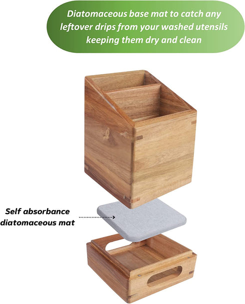 Drip Protection Wooden Utensil Holder 100% Acacia wood kitchen cutlery organizer storage for countertop with water absorbent diatomaceous earth mat to keep your utensils dry and clean