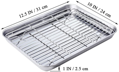 WEZVIX Stainless Steel Baking Sheet with Rack Set Tray Cookie Sheet & Oven Pan 12.5 x 10 x 1 inch, Non Toxic & Healthy, Rust Free & Less Stick, Thick & Sturdy, Easy Clean & Dishwasher Safe