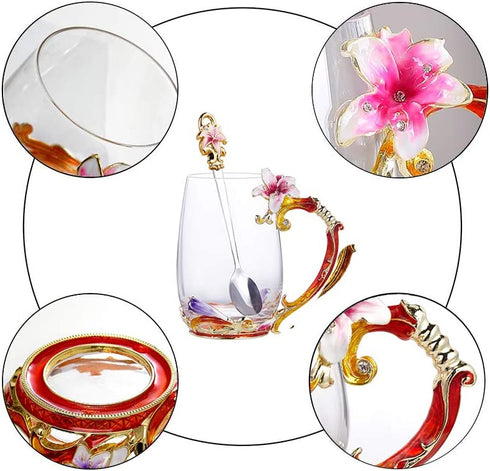 Goodking Enamels Coffee Mug Flower Glass Tea Cups with Spoon, Best Christmas Birthday Gifts For Women Grandma Mom Teachers Friend Wife 12oz