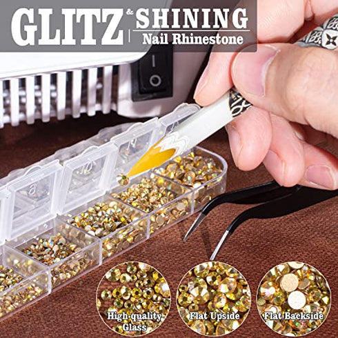 3600pcs Metal Sunlight/Gold Round Rhinestones 1.8-4mm Flatback for Manicure, 6 Multi Sizes Nail Art Shine Crystal Gem Diamond Bling Set with Tweezer and Pickup Pencil