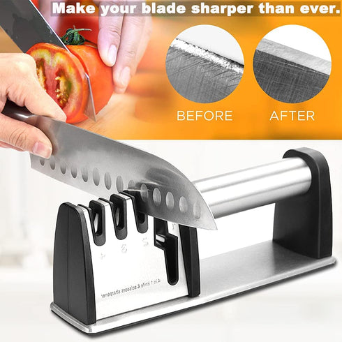 Knife Sharpeners, Best 4 in 1 Manual Kitchen Knives & Scissor Sharpeners, 4 - Stage Knife Sharpening System with Diamond Steel, Ceramic Stone, Ergonomic Design, Non-slip Base?Black?
