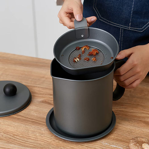 Bacon Grease Container-1.7L Oil Pot with Fine Mesh Strainer, Stainless Steel Grease Strainer, for Cooking Oil, Frying Oil (Gray)