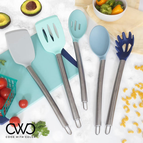 Cook with Color Silicone Cooking Utensils, 5 Pc Kitchen Utensil Set, Easy to Clean Silicone Kitchen Utensils, Cooking Utensils for Nonstick Cookware, Kitchen Gadgets Set (Ombre Blue)