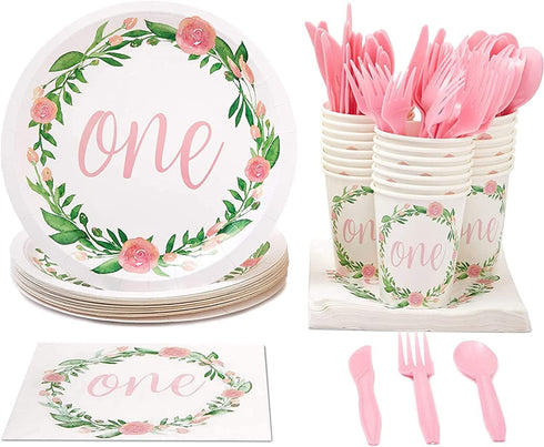 One Birthday Party Plates Girls First Year Floral Decorations Set with Napkins, Cups, Cutlery for 24 Guests (144 Pieces)
