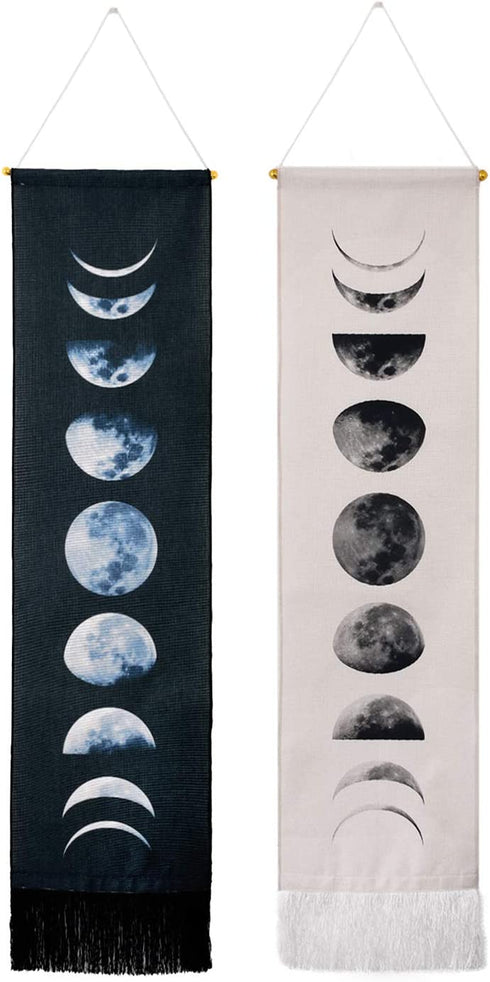 Tapestry Wall Hanging Tapestries Nine Phases of the Full Growth Cycle of the Moon Wall Tapestry Cotton Linen Wall Art, Modern Home Decor (Black + White Moon Phase Change, 12.99" x 52.75")