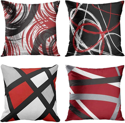 Emvency Set of 4 Throw Pillow Covers Red and Black White Gray Pattern Retro Abstract Stripes Spiral Decorative Pillow Cases Home Decor Square 18x18 Inches Pillowcases