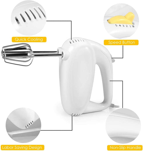 2022 Hand Mixer Electric, 5 Speeds Selection Portable Handheld Kitchen Whisk, Lightweight Powerful Handheld Electric Mixer Stainless Steel Egg Whisk with 2 Beaters & 2 Dough Hooks for Cake, Baking, Cooking