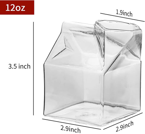 Milk Carton Glass Container 12 Ounce Set of 2 Cocktail Glasses Clear Milk Carton Cups Mini Creamer Pitcher Hand-Blown Box for Cocktail Milk Juice Coffee Hot Water Glassware Gift