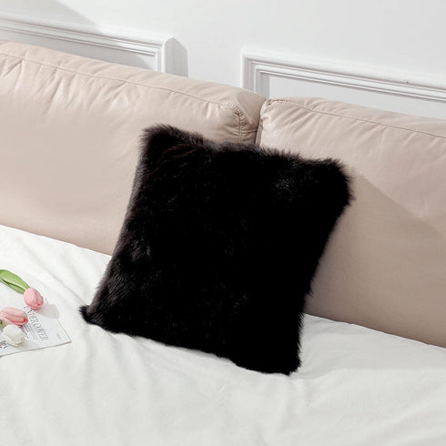 No Insert Faux Fur Sheepskin Throw Pillow Cover 18x18 Set of 2 Merino Style Super Soft Fluffy Cushion Fuzzy Pillow Case New Luxury Series for Livingroom Couch Sofa Bed Home Decor LINMOPM (Black)