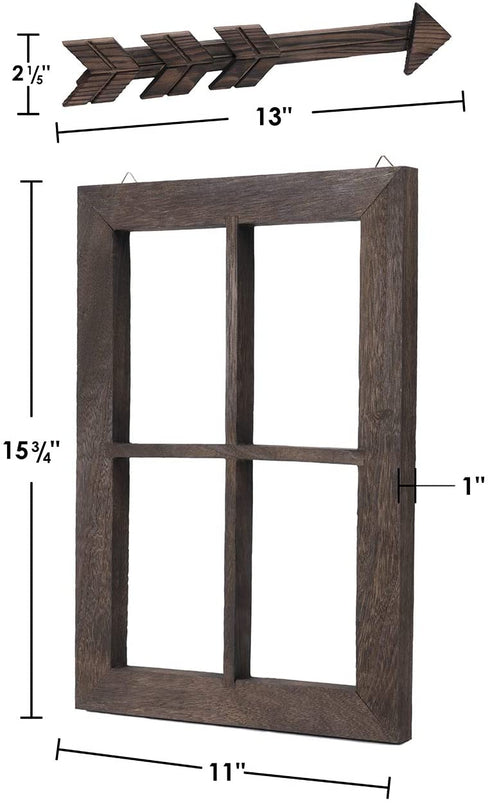 TIMEYARD Farmhouse Wall Decor Window Frame, Wooden Window Pane with Arrows Decor, Rustic Wall Art for Entryways, Living Room, Dining Room, Bedroom, Bathroom, 13in L x 2.2in W, Dark Brown, 2set