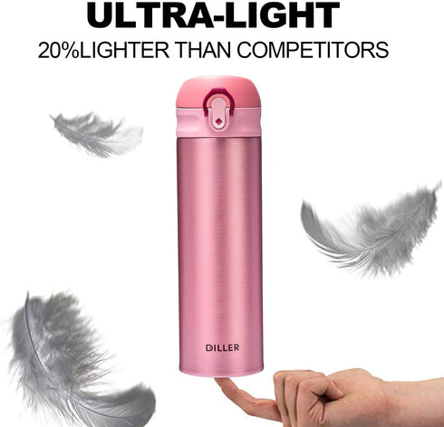 DILLER Vacuum Insulated Water Bottle,Stainless Steel Thermos Coffee Travel Mug BPA-Free Thermos Flask ,Keeps Cold 24H, Hot 12H,17 oz (pink)
