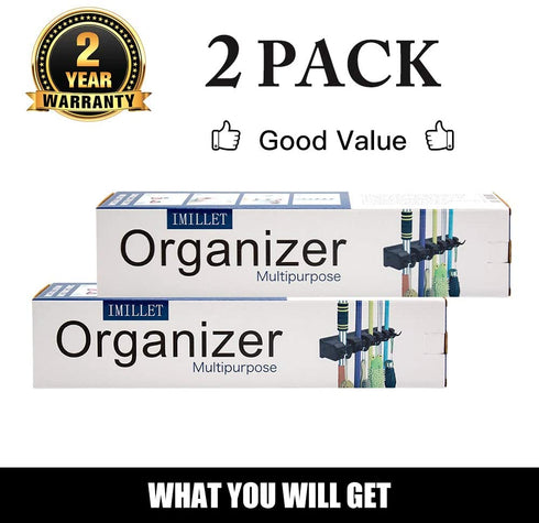2 Pack Imillet Mop and Broom Holder, Wall Mounted Organizer Mop and Broom Storage Tool Rack with 5 Ball Slots and 6 Hooks (Black)