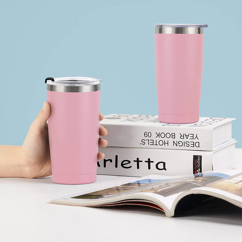 2 Pack Travel Tumblers, 20 Oz Stainless Steel Tumblers with Lids Straws, Vacuum Insulated Tumblers, Double Wall Travel Tumblers, Powder Coated Insulated Coffee Cup for Hot and Cold Drinks, Pink