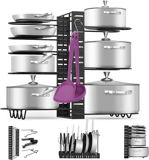 Pan Pot Organizer Rack, MASSUGAR Pan Organizer Adjustable Pot Rack with Hook, Black Metal Kitchen Cabinet Pantry Pot Lid Holder, 3 DIY Methods (Black)