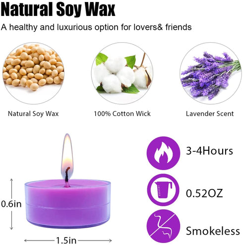 Soy Tealight Candles Natural Soy Wax Lavender Scented Tea Lights, 12 Packs Bulk Mini Purple Colored Tea Lite Candles in Clear Cups