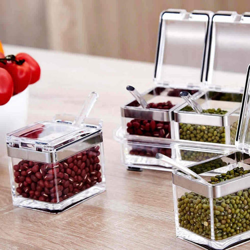LOYUYU Seasoning Box, Seasoning Rack Spice Pots, 4 Piece Clear Acrylic Cruet, Storage Container Condiment Jars with Cover and Spoon 304 Steel Edge