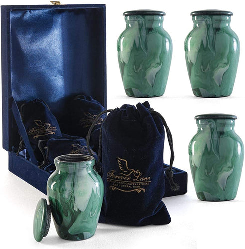 Forever Lane Handcrafted Mini Marble Keepsake Urns - Set of 4 Cremation Urn for Human or Pet Ashes - Aluminum Urn for Sharing Loved Ones Ashes Includes Screw Top Lid Velvet Bag