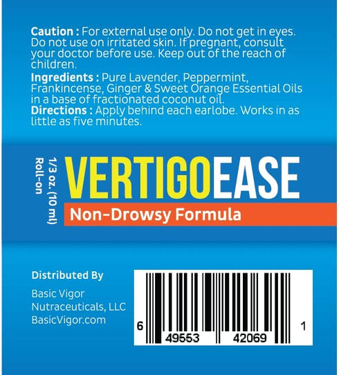 Basic Vigor Vertigo Ease Roll-On (10ml) - Natural & Fast-Acting Vertigo Relief, Nausea Relief & Dizziness Relief with Lavender, Ginger, Frankincense & Essential Oils - Combat Travel Sickness