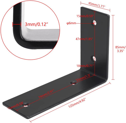 YUMORE L Brackets Heavy Duty, 5x3x1.8 Inch Stainless Steel Shelf Brackets Wall Mounted for Floating Shelves Industrial Farmhouse, Includes Hardware, Rustic Black, Pack of 4