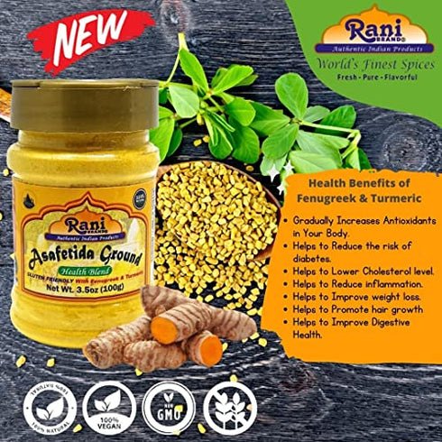 Rani Asafetida (Hing) Ground Health Blend w/ Fenugreek and Turmeric 3.5oz (100g), PET Jar ~ Gluten Friendly | Salt Free | Vegan | Non-GMO | Asafoetida Indian Spice | Best for Onion Garlic Substitute