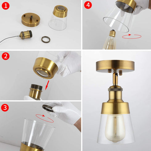 Fivess Lighting Antique Gold Flush Mount Light Fixture Clear Glass Semi Flush Mount Ceiling Light for Hallway Bathroom Entryway Kitchen Farmhouse