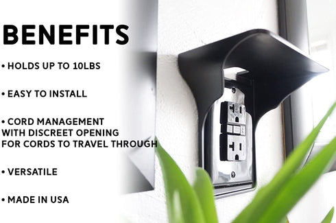 Official Power Perch Single Wall Outlet Shelf. Home Wall Shelf Organizer for Outlets. Perfect for Bathroom, Kitchen, Bedrooms with Cord Management and Easy Installation. Black 2-Pack