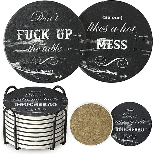 LIFVER Funny Coasters for Drinks with Holder, Set of 8 Black Marble Style Absorbent Drink Coasters with Cork Base, Ideal for Living Room Decor, Gifts for Women Men, Bar Coaster with 4 Sayings, 4 inch