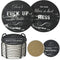 LIFVER Funny Coasters for Drinks with Holder, Set of 8 Black Marble Style Absorbent Drink Coasters with Cork Base, Ideal for Living Room Decor, Gifts for Women Men, Bar Coaster with 4 Sayings, 4 inch