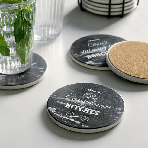 LIFVER Funny Coasters for Drinks with Holder, Set of 8 Black Marble Style Absorbent Drink Coasters with Cork Base, Ideal for Living Room Decor, Gifts for Women Men, Bar Coaster with 4 Sayings, 4 inch