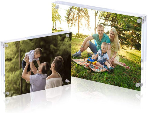 Acrylic Photo Frame 5x7 inches, Free Standing Desktop Double Sided Magnetic Picture Display, 10 + 10MM Thickness Clear Magnet Photo Frame with Microfiber Cloth, Gift Box Package