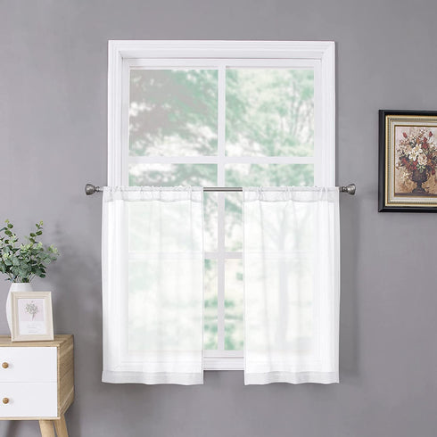 Tollpiz Short Sheer Tier Curtains Linen Textured Half Kitchen Curtain Sheers Light Filtering Rod Pocket Voile Small Curtain for Bathroom, 25 x 24 inches Long, White, Set of 2 Panels