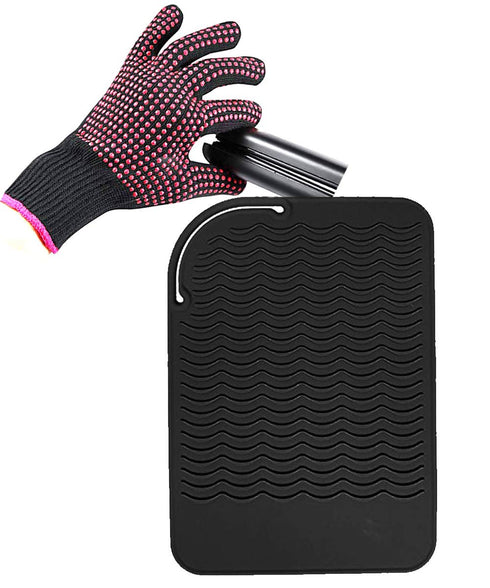Heat Resistant Glove with Heat Resistant Mat for Curling Iron, Hair Straightener, Flat Irons, Silicone Bump Glove, 9” x 6.5” Food Grade Silicone Mat, Black