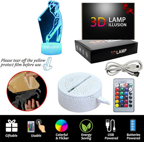 LED Golfer Night Lights,3D Golf Illusion Lamp Bedside Light with USB Cable and Remote Controller Birthday New Year Christmas Gift for Golfers Kids Teenager