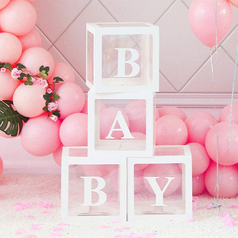 Baby Shower Boxes Party Decorations, 4-Pack Transparent Balloons Boxes D©cor with BABY Letters Blocks for Boys Girls Baby Shower Decorations Gender Reveal Bridal Showers Birthday Party Backdrop