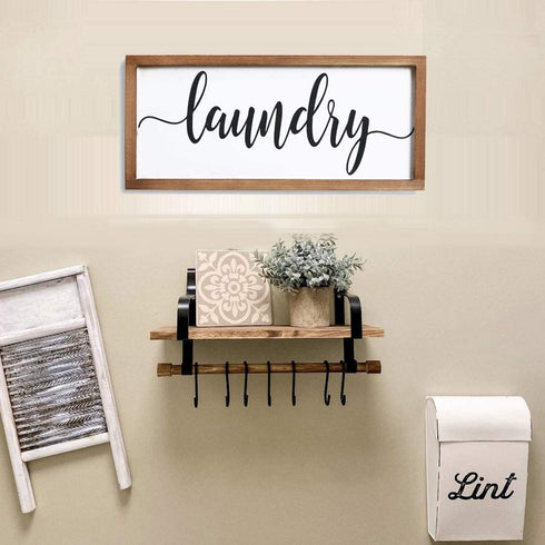 Mokof Laundry Sign, Farmhouse Laundry Wood Sign for Laundry Room Wall Decor (Frame, 17'' X 8'')