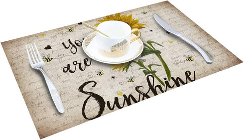 ARTSHOWING Set of 6 Placemats Heat-Resistant for Dining Table Linen Table Mats Rustic Sunflower Rectangle Pad Placemat 12 x 18 Inch - You are My Sunshine