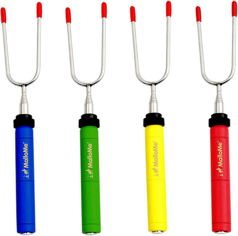 MalloMe Premium Marshmallow Roasting Sticks Set of 4 Smores Skewers & Hot Dog Fork 34 Inch Rotating Extending Patio Fire Pit Camping Cookware Campfire Cooking Kids Accessories Bonus Bag & Ebook