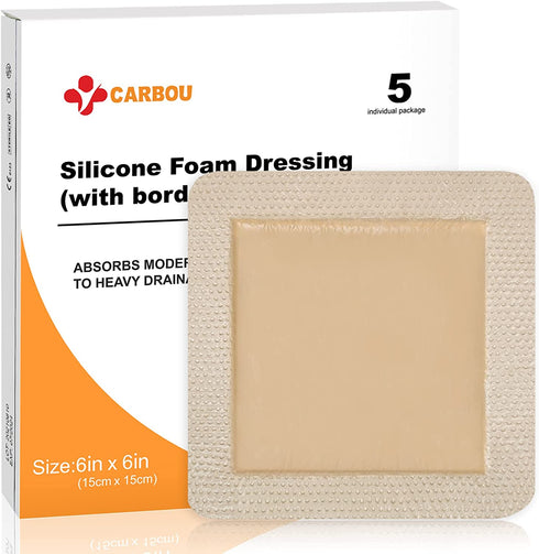 Carbou 5Pcs Silicone Foam Dressing 6" x 6" (15cmx15cm) - Square Wound Care Dressing with Border Adhesive Waterproof Central Ultra Absorbent-Foam(4.3" X 4.3")Waterproof Silicone Wound Bandage