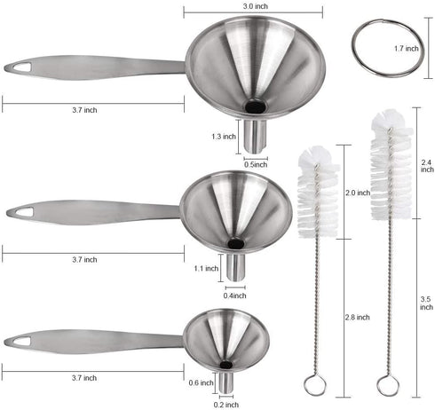 Funnels for Kitchen Use, YGDZ 3pcs Metal Stainless Steel Funnels Set, Small Mini Kitchen Funnels for Filling Bottles Liquid Essential Oils, 2pcs Cleaning Brushes