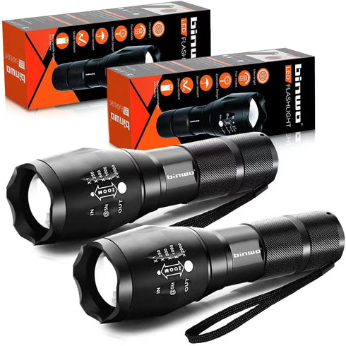 BINWO LED Tactical Flashlight, Super Bright High Lumen XML T6 LED Flashlights Portable Outdoor Water Resistant Torch Light Zoomable Flashlight with 5 Light Modes, 2 Pack