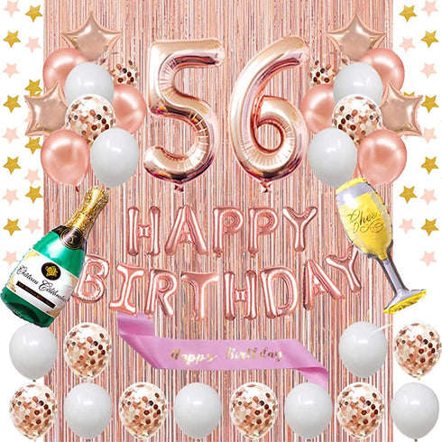 Fancypartyshop 56th Birthday Decorations - Rose Gold Happy Birthday Banner and Sash with Number 56 Balloons Latex Confetti balloons Ideal for Girl and Women 56 Years Old Birthday Rose Gold