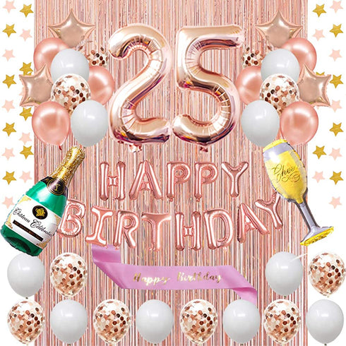 Fancypartyshop 25th Birthday Decorations - Rose Gold Happy Birthday Banner and Sash with Number 25 Balloons Latex Confetti balloons Ideal for Girl and Women 25 Years Old Birthday Rose Gold