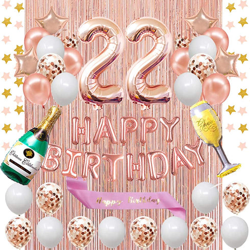 Fancypartyshop 22nd Birthday Decorations - Rose Gold Happy Birthday Banner and Sash with Number 22 Balloons Latex Confetti Balloons Ideal for Girl and Women 22 Years Old Birthday Rose Gold
