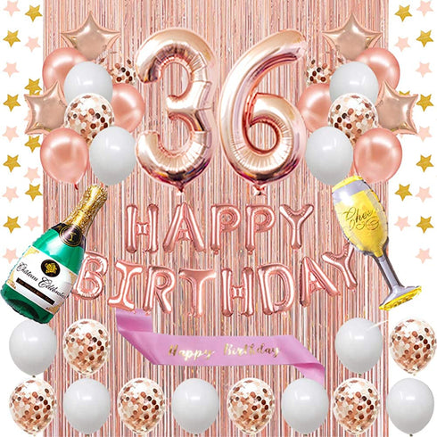 Fancypartyshop 36th Birthday Decorations - Rose Gold Happy Birthday Banner and Sash with Number 36 Balloons Latex Confetti Balloons Ideal for Girl and Women 36 Years Old Birthday Rose Gold