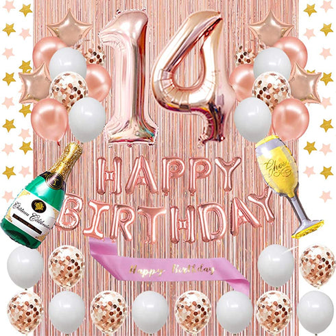Fancypartyshop 14th Birthday Decorations - Rose Gold Happy Birthday Banner and Sash with Number 14 Balloons Latex Confetti balloons Ideal for Gir 14 Years Old Birthday Rose Gold