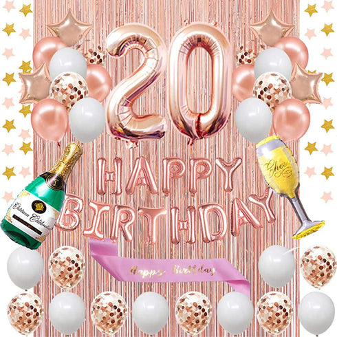 Fancypartyshop 20th Birthday Decorations - Rose Gold Happy Birthday Banner and Sash with Number 20 Balloons Latex Confetti balloons Ideal for Girl and Women 20 Years Old Birthday Rose Gold