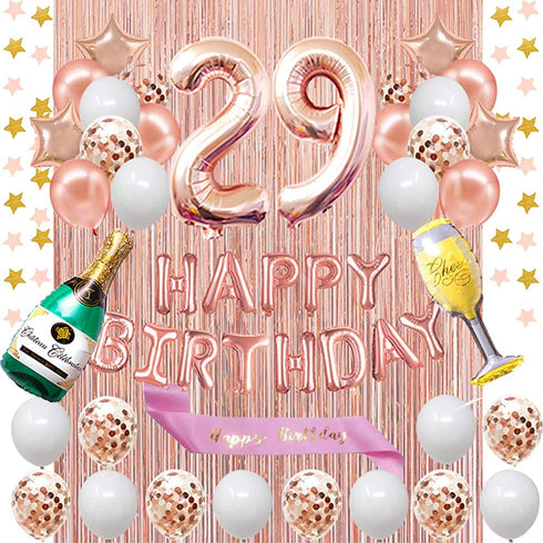 Fancypartyshop 29th Birthday Decorations - Rose Gold Happy Birthday Banner and Sash with Number 29 Balloons Latex Confetti balloons Ideal for Girl and Women 29 Years Old Birthday Rose Gold