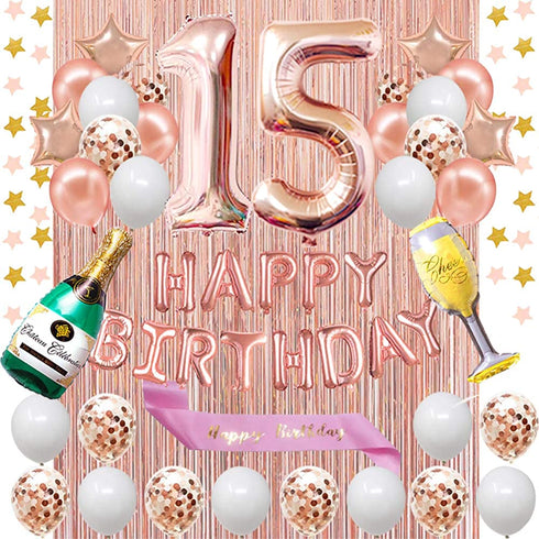 Fancypartyshop 15th Birthday Decorations - Rose Gold Happy Birthday Banner and Sash with Number 15 Balloons Latex Confetti balloons Ideal for Girl 15 Years Old Birthday Rose Gold